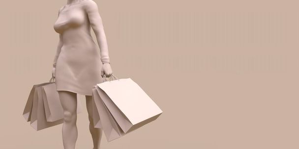 Shopper with shopping concept 3d illustration in beige color - Fotoğraf, Görsel