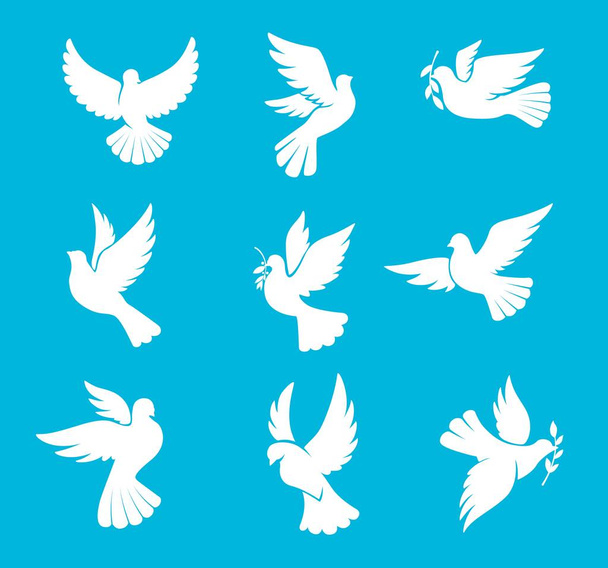 Kerst duif of bruiloft duif silhouetten, vector vogel van vrede en wintervakantie. Witte duif met olijftak blad, symbool van hoop en vrijheid, bruiloft of kerstkaart pictogrammen - Vector, afbeelding