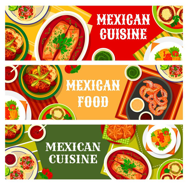 Баннеры мексиканской кухни, блюда мексиканской кухни, ужин в ресторане и обед, вектор. Традиционная мексиканская кухня тако и буррито с соусом сальса, куриные крылышки alitas de pollo и мясо тушеное - Вектор,изображение