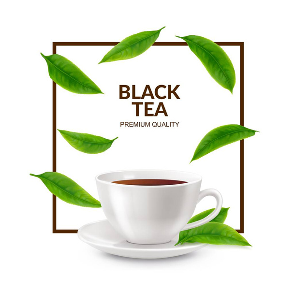 Realistický šálek čaje na snídani a padající zelené listy. Horký černý čaj nápoj v bílém šálku nebo hrnek s podšálkem a čerstvými listy v černém rámu rámu, cejlonský nebo indický čaj nápoj realistický vektor - Vektor, obrázek