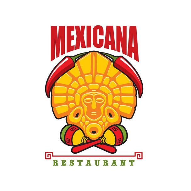 Mexikanische Restaurant-Ikone, Vektor-Emblem mit roter Jalapeño-Chilischote, aztekischer Goldmaske und Maracas. Karikatur traditioneller Symbole Mexikos, isoliertes Gestaltungselement für die Speisekarte oder das Schild eines lateinischen Cafés - Vektor, Bild