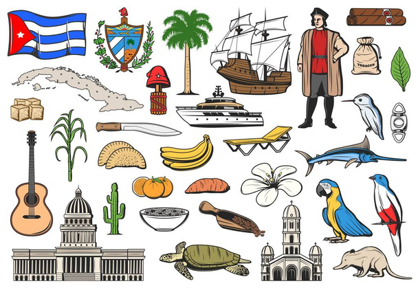 Kuba utazási ikonok, Havanna turisztikai látványosságok és karibi látnivalók, vektor. Kuba zászló és térkép, strand üdülőhely, városnézés és látnivalók szimbólumok Kolumbusz hajó, egzotikus trópusi gyümölcsök és virágok - Vektor, kép