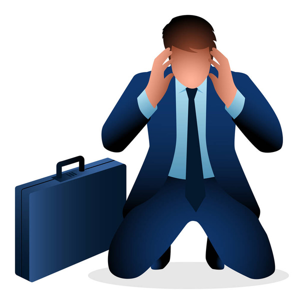 Concepto de negocio vector ilustración de un empresario deprimido arrodillado y apretando la cabeza debido al dolor de cabeza - Vector, imagen