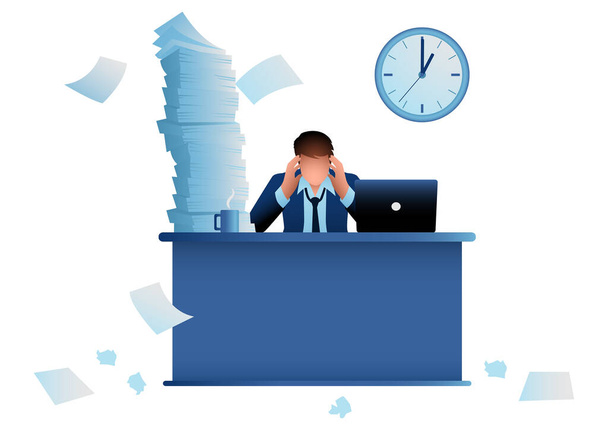 Geschäftskonzeptvektorillustration eines gestressten Geschäftsmannes, der am Schreibtisch sitzt und Überstunden mit überlasteter Arbeit macht - Vektor, Bild