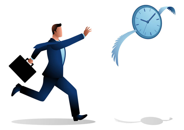 Obchodní koncept ilustrace podnikatele honí létající hodiny, dochází čas, čas letí koncept - Vektor, obrázek