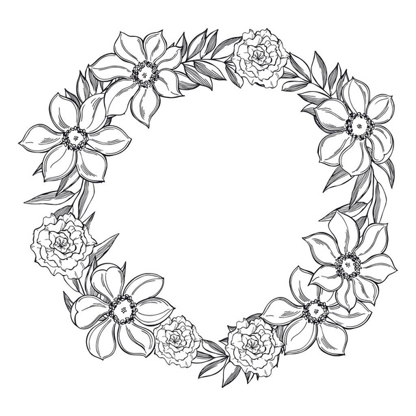Handgezeichneter Blumenkranz. Schwarz-weiße Zeichnung von Blumen. Vektorskizze Illustration. - Vektor, Bild