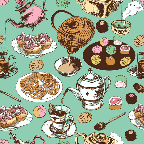 Teekanne und Tasse nahtloses Muster - Vektor, Bild