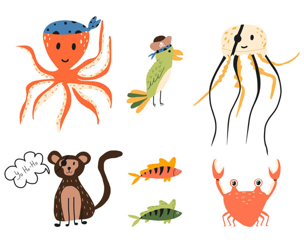  Conjunto vectorial de niños animales piratas. Un juego de mascotas piratas. Pulpo, loro, medusas, mono con trajes de pirata. - Vector, imagen