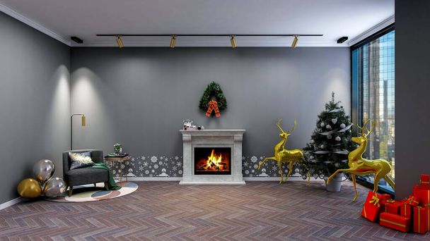 Гостиная Рождественский интерьер, украшение комнаты в тему Рождества с камином и елкой, 3D рендеринг - Фото, изображение