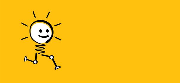 Cartoon Walking or running electric lamp idea. FAQ, business loading concept. Comic brain. Vector light bulb icon or sign ideas. Brilliant lightbulb education or invention pictogram banner. Stickman or stick figure. - Vector, Image