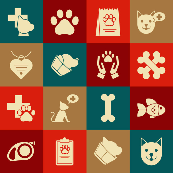 Set Gato, Pescado, Huesos cruzados, Bolsa de comida para perros, Símbolo de clínica veterinaria, Collar con etiqueta con nombre y corazón, e icono de huella de animales de manos. Vector - Vector, Imagen