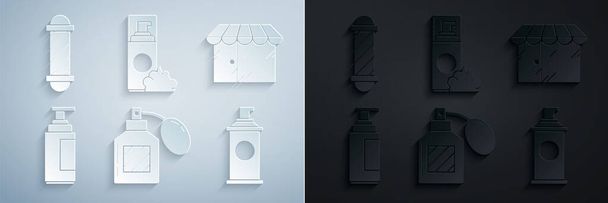Set Aftershave, Barbershop building, Cream or lotion cosmetic tube, Shaving gel foam, and Classic pole icon. Vector - Vector, Image