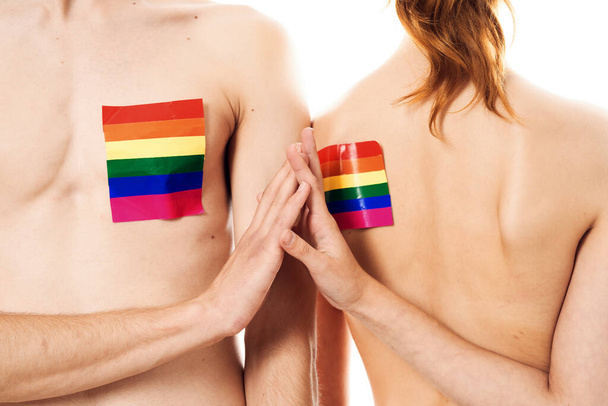 couple in white t-shirts Flag lgbt transgender sexual minorities - 写真・画像