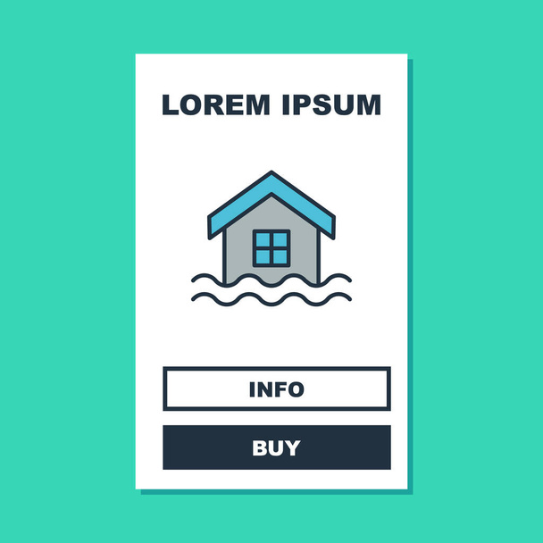 Filled outline House flood icon isolated on turquoise background. Home flooding under water. Insurance concept. Security, safety, protection, protect concept. Vector - Vector, Image