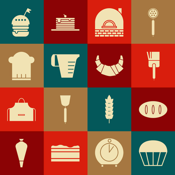 Set Muffin, pain, brosse de cuisine, poêle à briques, tasse à mesurer, chapeau de chef, hamburger et Croissant icône. Vecteur - Vecteur, image