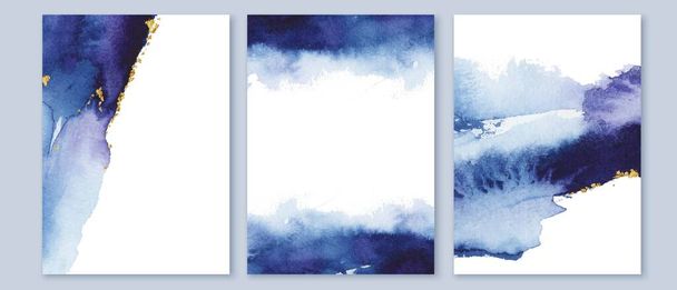 Set of bright blue and violet watercolor texture cards. Fluid ink with golden foil. Design for cover, card, packaging - Vector, imagen