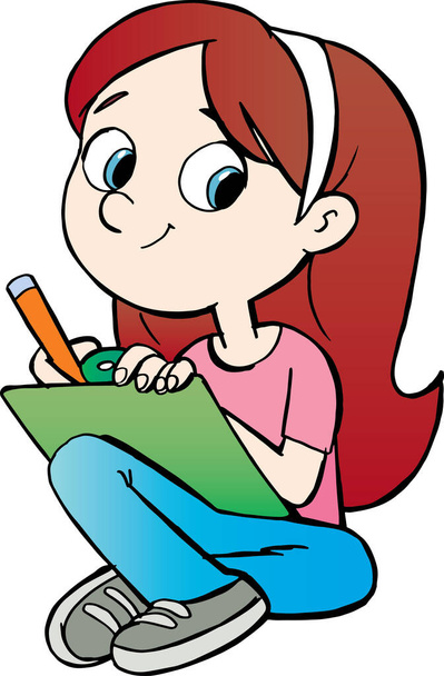 menina desenha com uma placa em seus joelhos - Vetor, Imagem