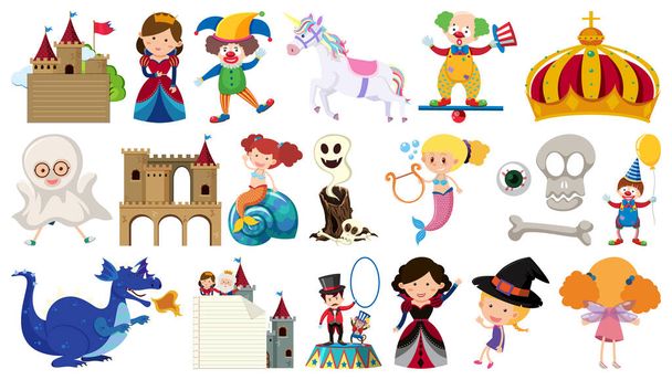 Conjunto de personagens de desenhos animados de contos de fadas isolados e ilustração de objetos - Vetor, Imagem