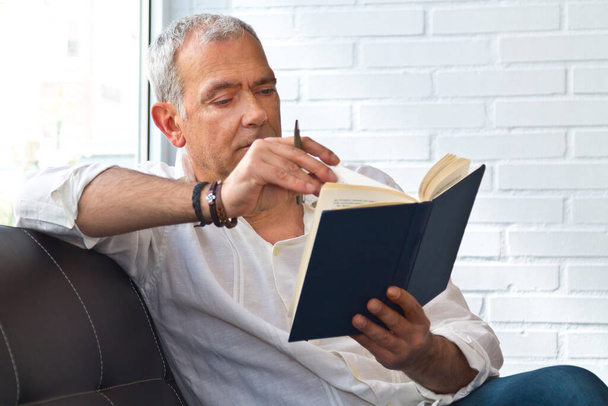 relaxed man reading a book on the armchair - Photo, image