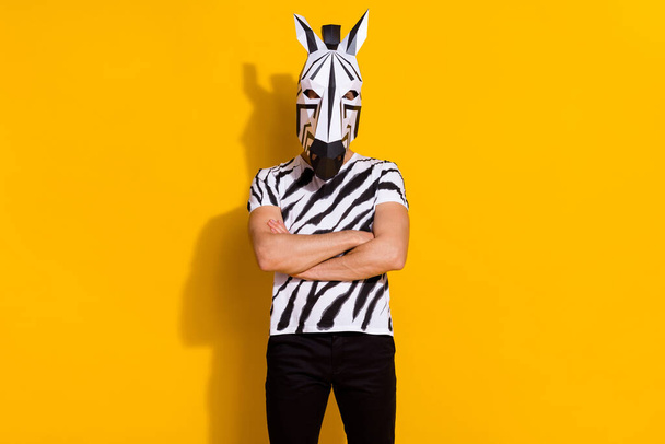 Photo of unusual absurd guy in zebra costume cross arms prepare theme festival isolated over shine yellow color background - Foto, immagini