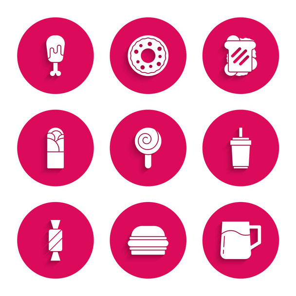 Set Lutscher, Burger, Holzbierkrug, Papierglas mit Stroh, Süßigkeiten, Dönerspieß, Sandwich und Hühnerkeulen-Ikone. Vektor - Vektor, Bild