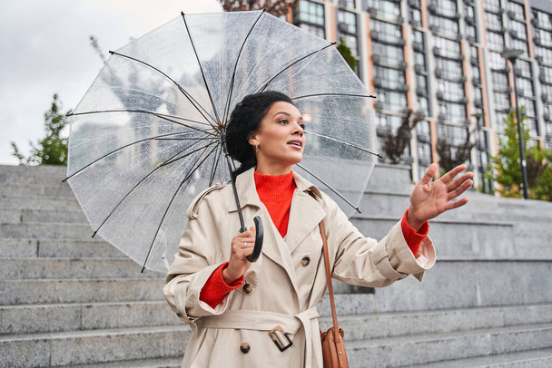 Brunette lady keeping her hand up while getting a taxi during her walking under umbrella - Foto, immagini