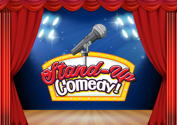 Stand up Comedy Banner mit Bühne roter Vorhang Hintergrund Illustration - Vektor, Bild