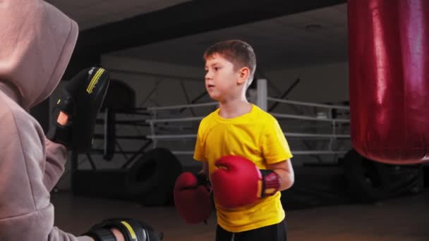 Маленький улыбающийся возбужденный мальчик, занимающийся боксом - ударяя по подушечкам на руках своего тренера и уклоняясь от контратаки - Кадры, видео