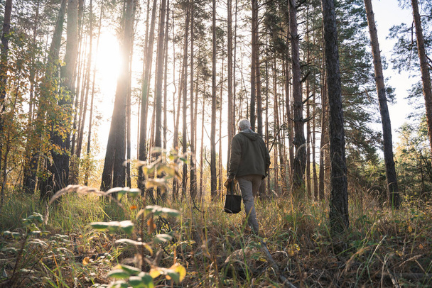 Mature man traveling in wild nature while walking through the path - Foto, Bild