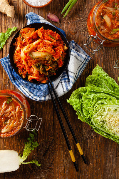 Kimchi cabbage. Perfect as an addition to dishes or eaten separately. Top view. - Foto, Imagem