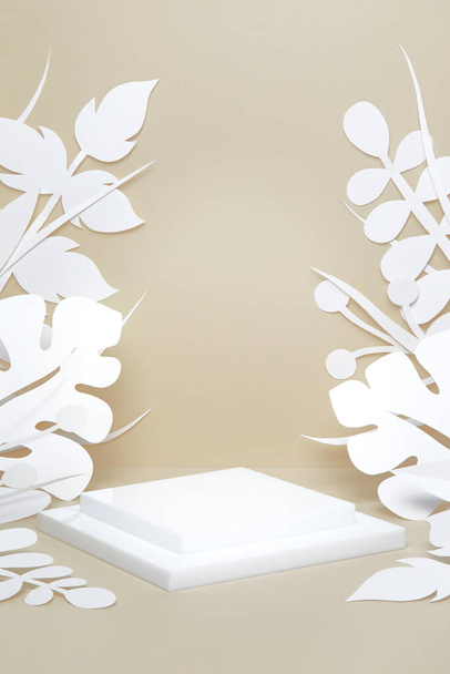 escena beige con podio vacío y hojas cortadas en papel - Foto, Imagen