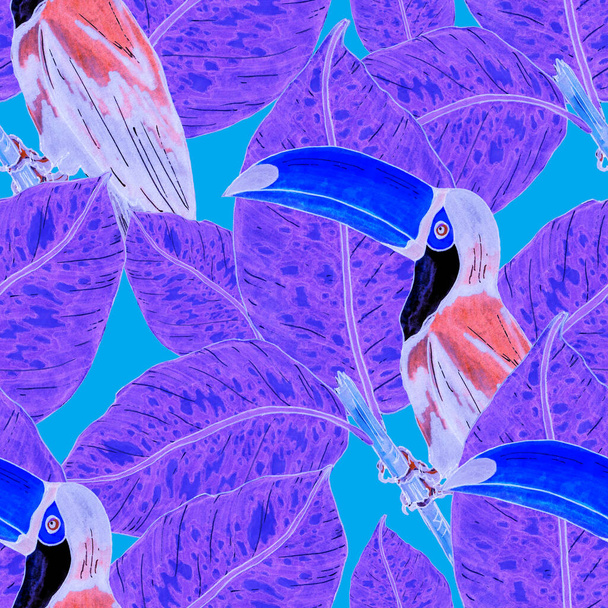 Aquarelle motif sans couture avec toucan. Fond d'écran botanique jungle exotique avec oiseaux tropicaux et feuilles. Lumineux fond motif d'été. - Photo, image