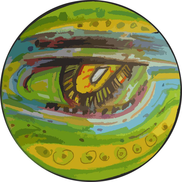 Ronde draak oog in groen-gele tonaliteit voor uw creatieve ideeën. Enorme oog van een draak in een cirkel op wit voor textiel, prints, tatoeage, vakantie en evenementen, cover, behang, stoffen producten, enz.. - Vector, afbeelding