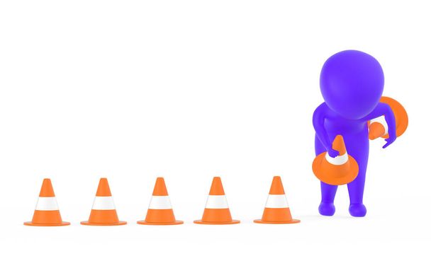 3d roxo personagem limpeza ou colocando cones de tráfego concept- 3d renderização
 - Foto, Imagem