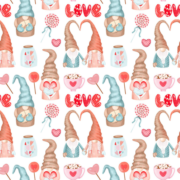 Seamless pattern of cute gnomes and different elements to Valentine's Day, hand drawn illustration on white background - Photo, Image