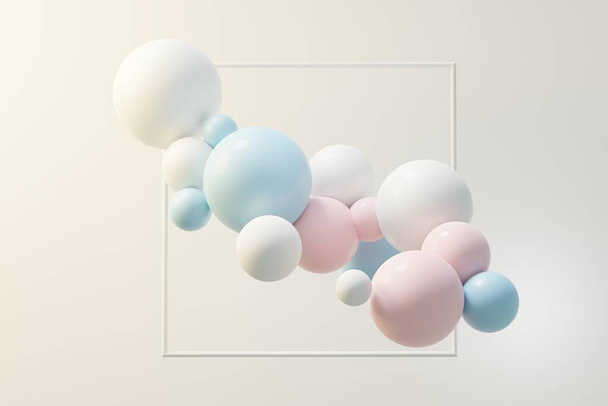 3d render de bola pastel, jabones burbujas, manchas que flotan en el aire aislado sobre fondo pastel. Escena abstracta. - Foto, imagen