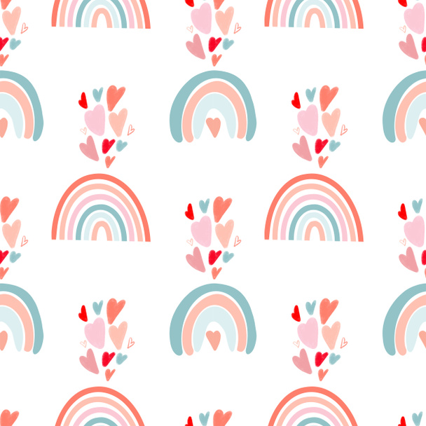 Seamless pattern of hand drawn hearts and rainbow to Valentines Day on white background - Photo, Image