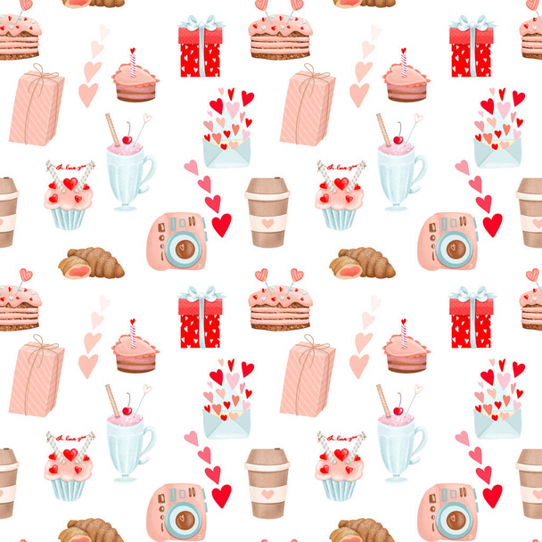 Бесшовный образец романтической еды и пекарни ко Дню Святого Валентина, ручной работы иллюстрации на белом фоне - Фото, изображение