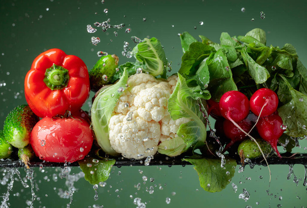 水のスプラッシュと生野菜。緑の背景にカリフラワー、トマト、キュウリ、大根、パプリカ. - 写真・画像