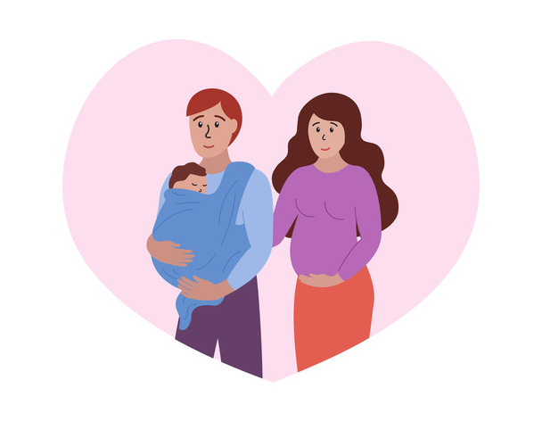 Happy family. Pregnant woman and man with little baby in sling. Merried couple father and mother expecting newborn. Vector flat illustration. - Vector, Image