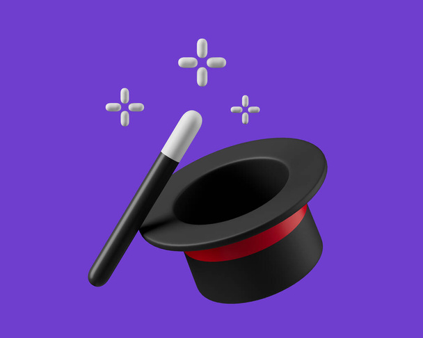 Herramienta de varita mágica simple con ilustración de renderizado 3d sombrero - Foto, Imagen