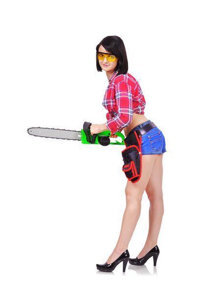 sexy meisje met chainsaw - Foto, afbeelding