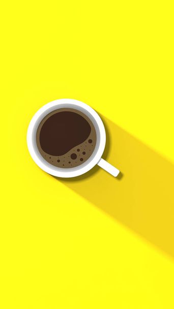 una taza de café blanco sobre fondo amarillo. sombra larga de la taza. bebida vigorizante. Imagen vertical. Imagen 3D. Renderizado 3D. - Foto, imagen