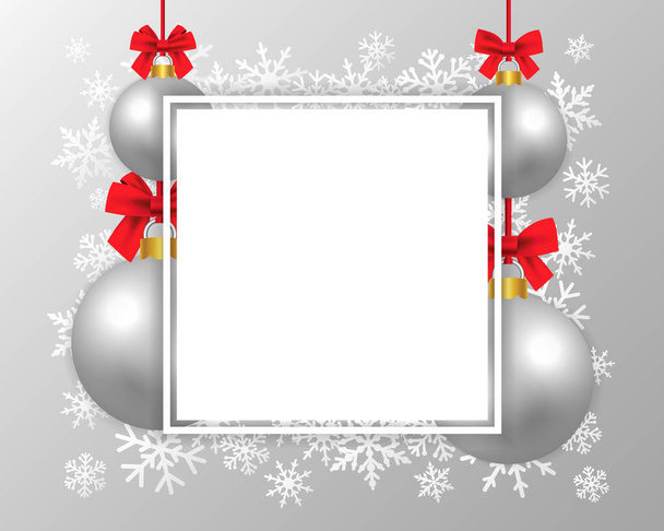 Winterurlaub Hintergrund mit Weihnachtskugeln und Schneeflocken. Realistische 3D-Darstellung silberner Weihnachtskugel und weißem Schnee. Design für Werbeplakate, Banner oder Grußkarten für das neue Jahr - Vektor, Bild