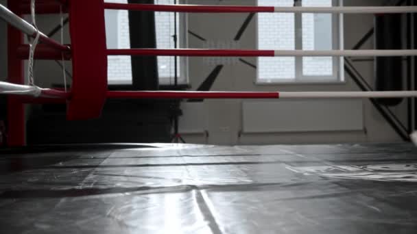 Niño en guantes de boxeo y casco suave cae en el ring y se desmaya - Imágenes, Vídeo