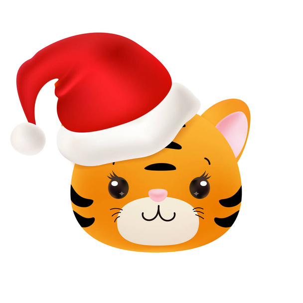 Adorable Tiger Head with Santa Hat. 2022 New Year Symbol. Cartoon style. Vector. - Vector, Image