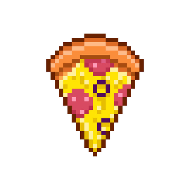 värikäs yksinkertainen litteä pikselitaide kuva sarjakuva viipale pizza makkaraa, juustoa ja oliiveja valkoisella pohjalla - Vektori, kuva