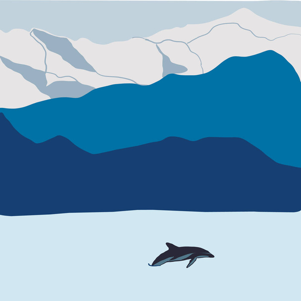 Landschaft mit blauen Bergen und verschneiten Gipfeln  - Vektor, Bild