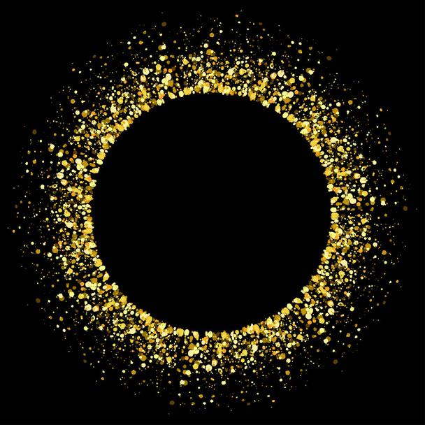 Round Glitter christmas border. Gold glowing sparkle Circle frame on empty black background - Vector, Image