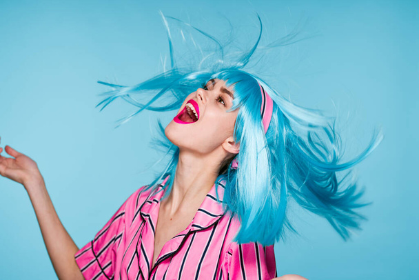 beautiful woman blue wig glamor bright makeup fun - Foto, Imagem
